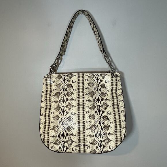 Michael Kors Fulton Large Hobo Bag Snakeskin Embossed Leather Cream Black Purse - Picture 1 of 11